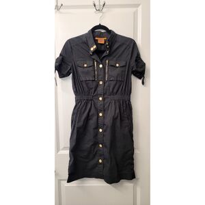 Tory Burch Black Grunge Utility Dress Gold Accents Shirt Dress Zippered Sz. 4
